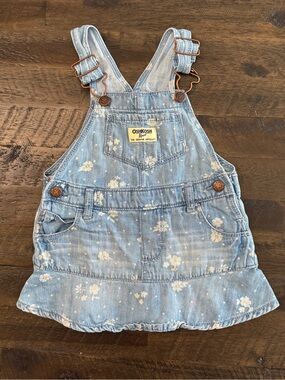 12m OshKosh B'gosh Light Blue Denim White Flower Baby Girl Overall Jumper Dress